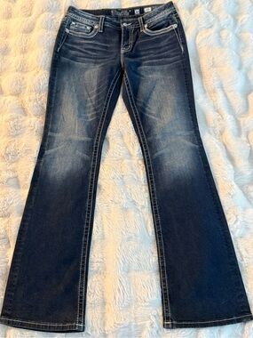 Miss Me Dark Blue Flare Jeans with Whiskering
